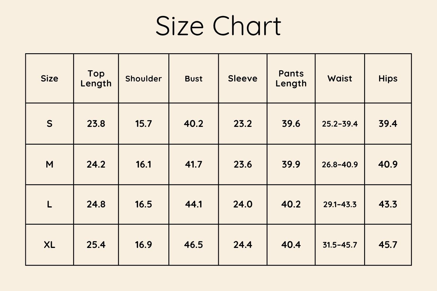 Size Chart Inches