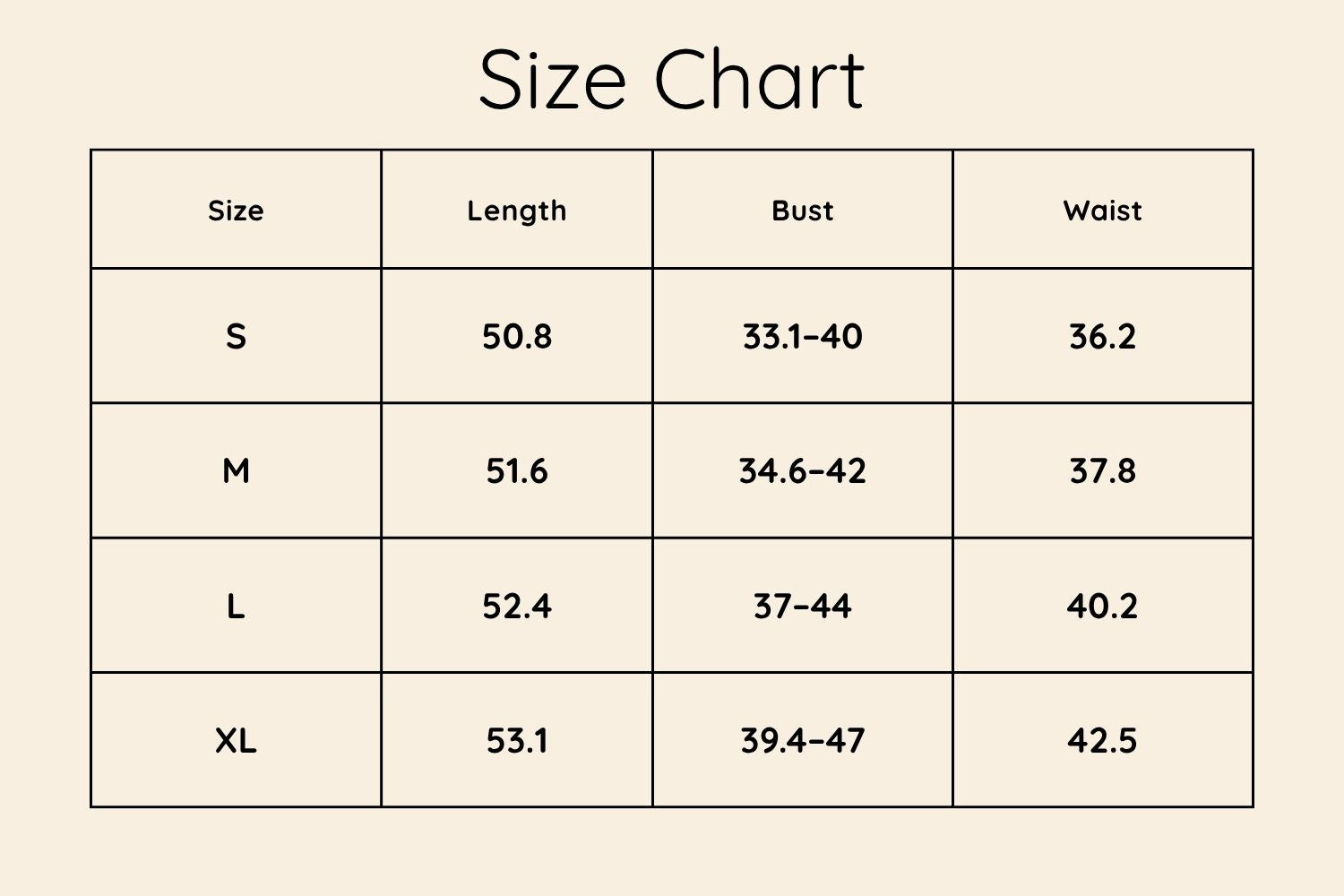 Size Chart Inches
