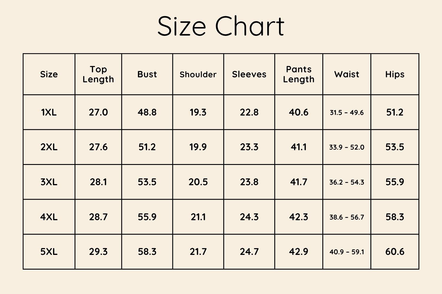 Size Chart Inches