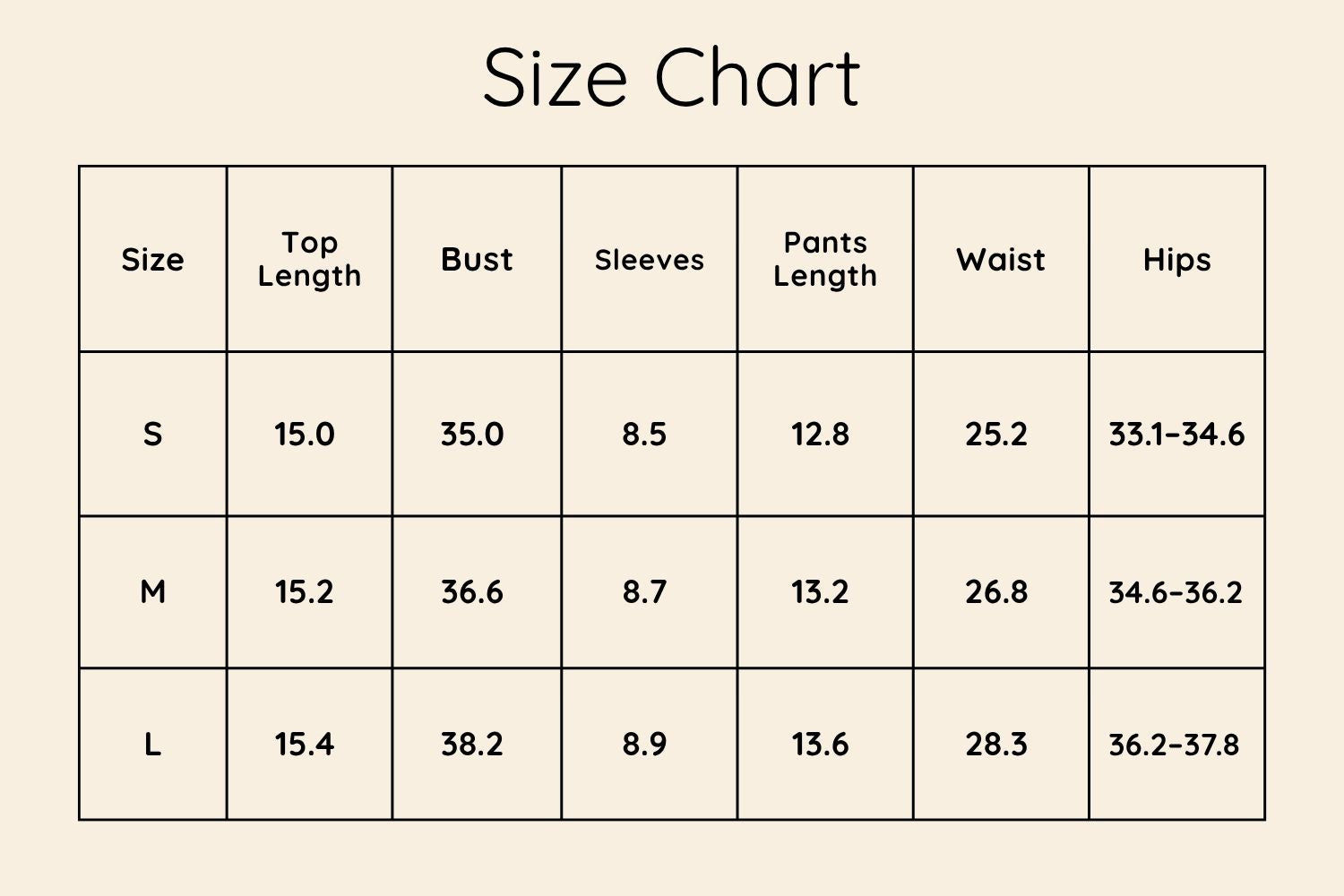 Size Chart Inches
