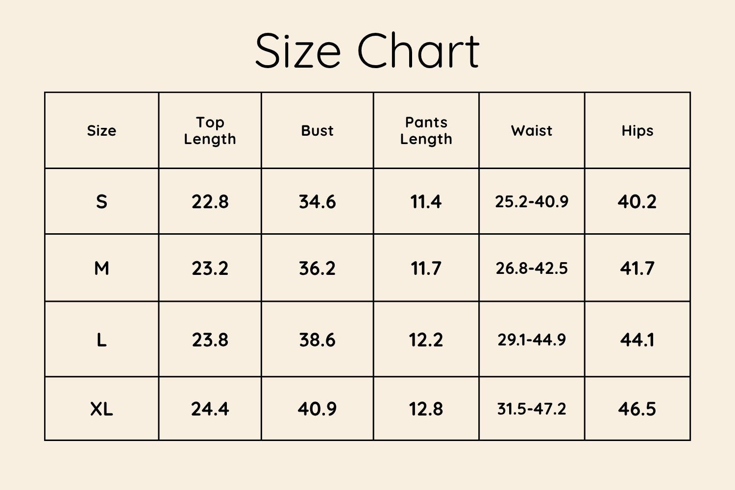 Size Chart Inches
