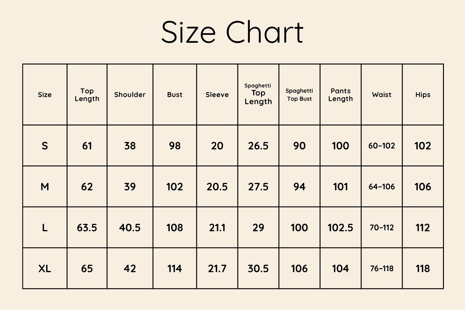Size Chart CM