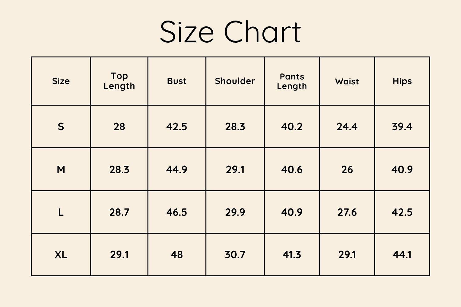 Size Chart Inches