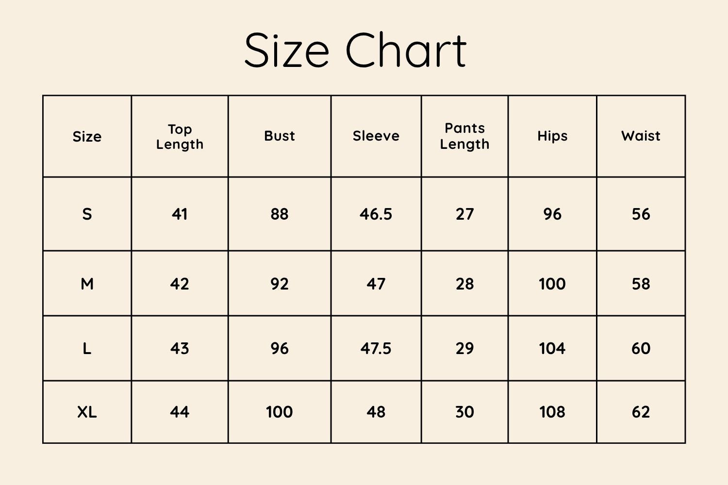 Size Chart CM