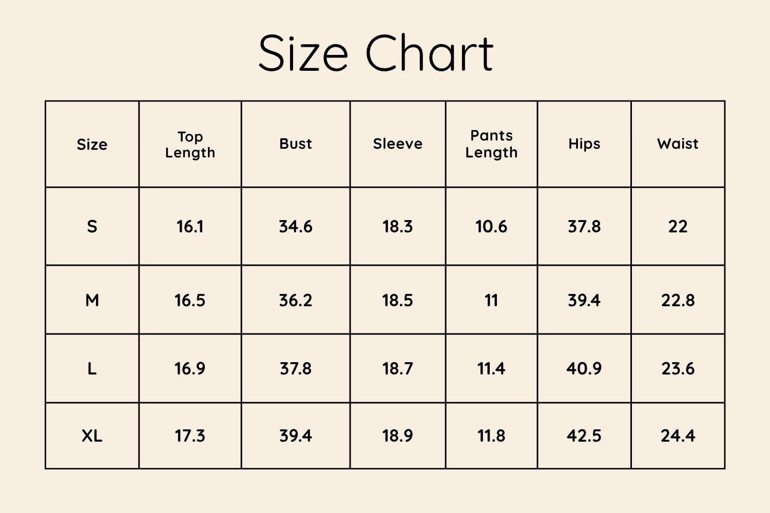 Size Chart Inches