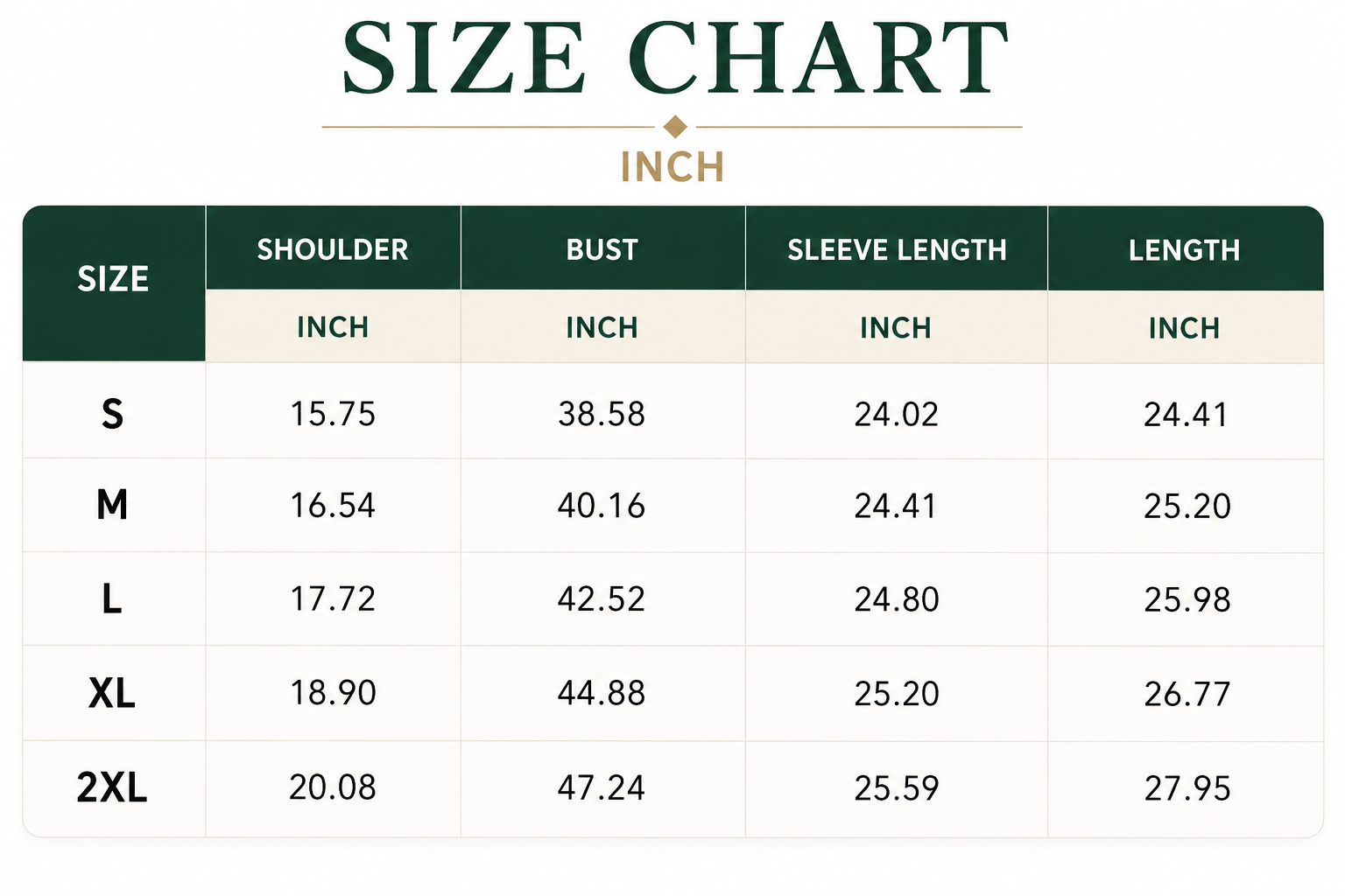 Size Chart Inches