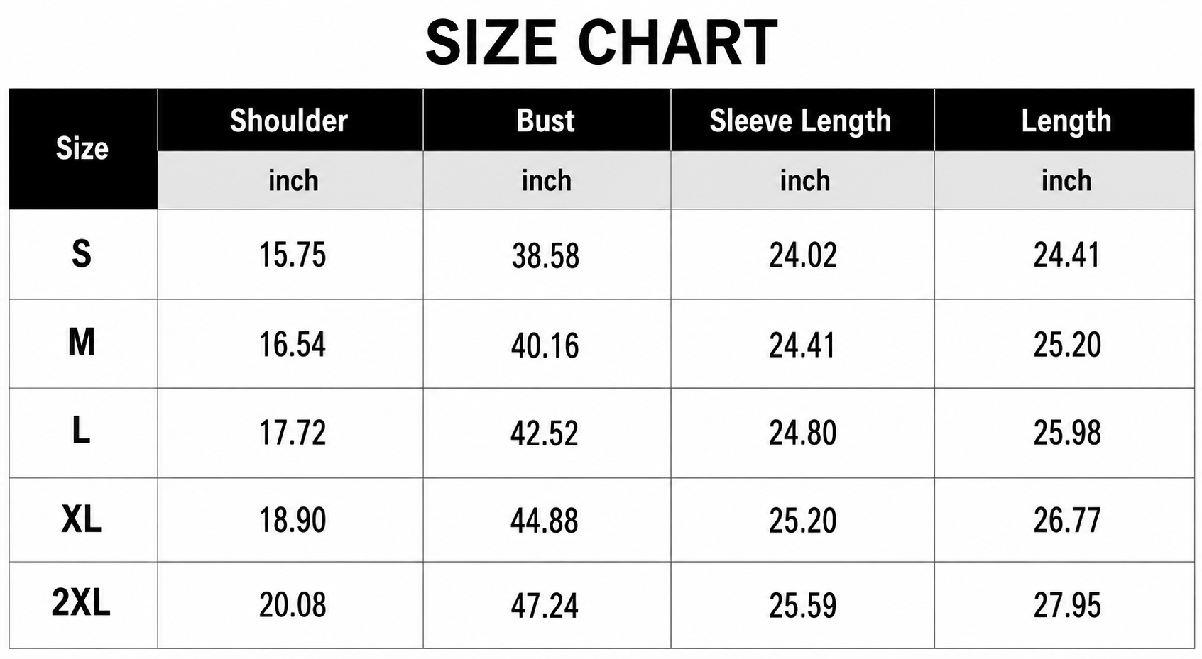 Size Chart Inches