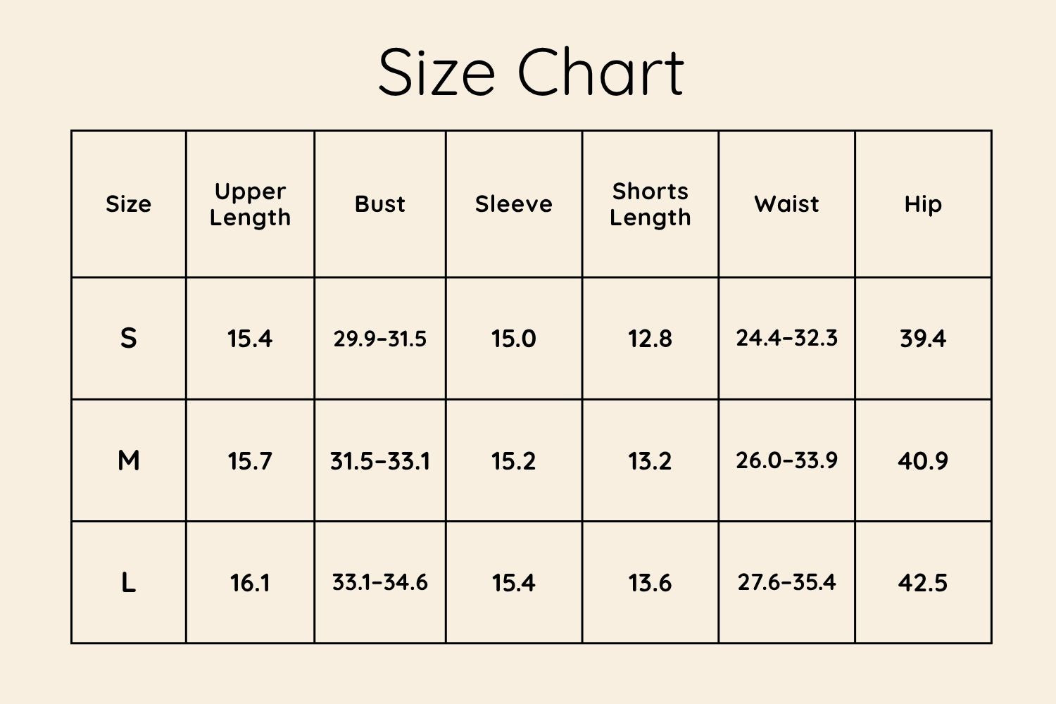 Size Chart Inches