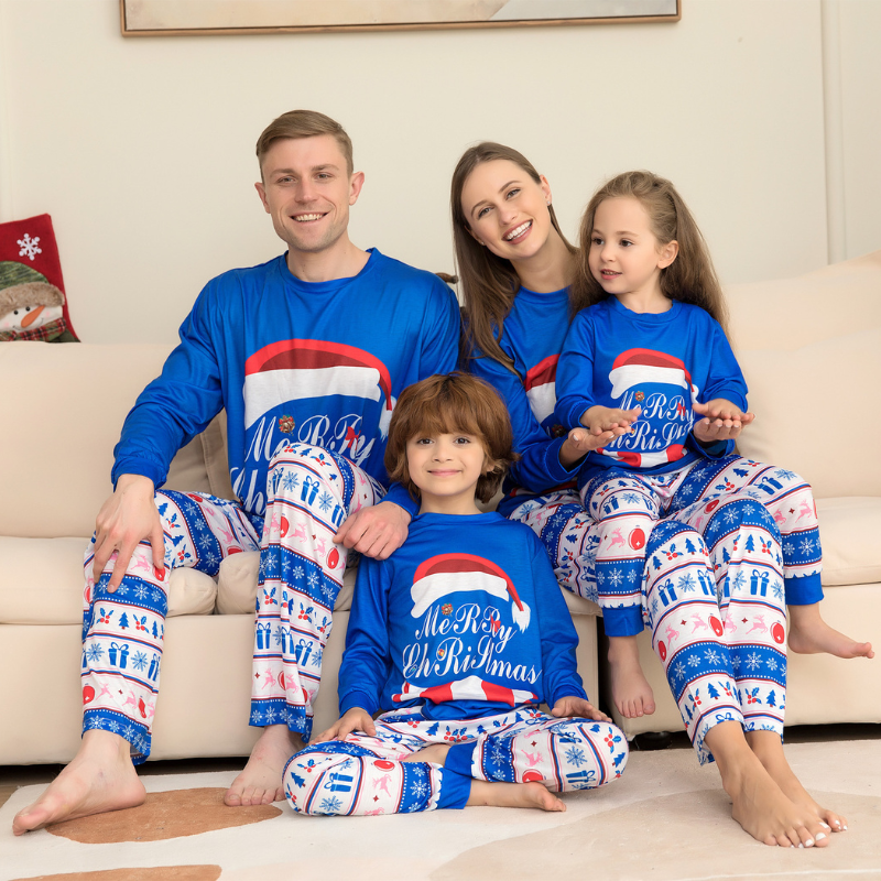 Blue Merry Family Christmas Pyjamas Set