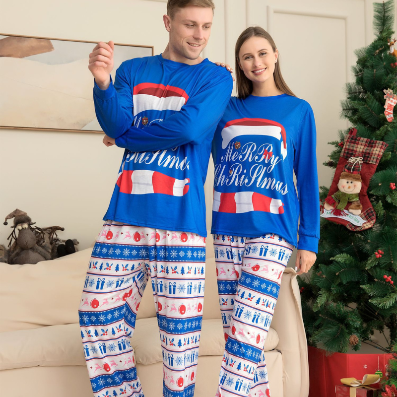 Blue Merry Family Christmas Pyjamas Set